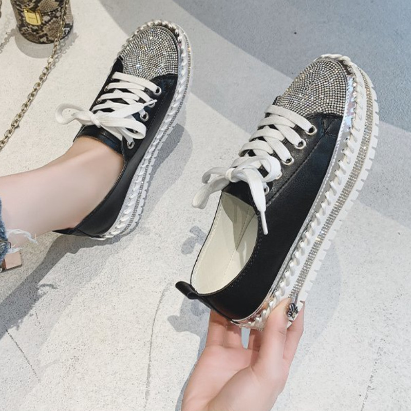 Pantofi de modă cu strasuri pentru femei, pantofi pentru mers, cu fundul gros, cu șireturi, pantofi sport pentru femeie