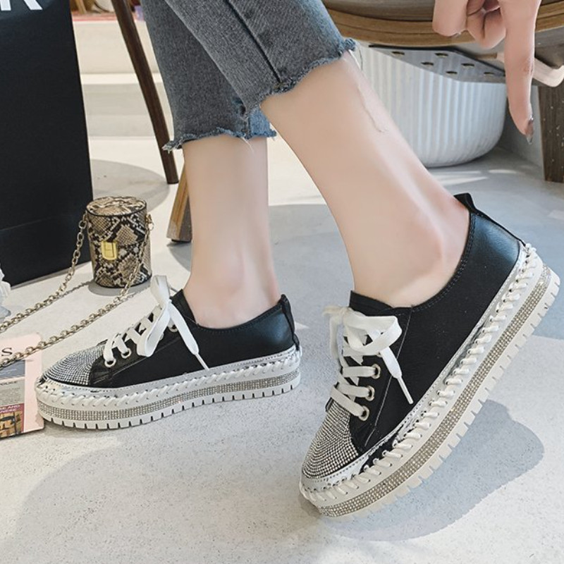 Pantofi de modă cu strasuri pentru femei, pantofi pentru mers, cu fundul gros, cu șireturi, pantofi sport pentru femeie