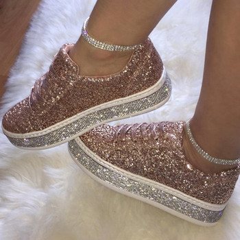 2023 Дамски вулканизирани обувки Маратонки Sliver Bling Shoes Момиче Плоски блестящи маратонки Ежедневни женски дишащи спортни обувки с връзки