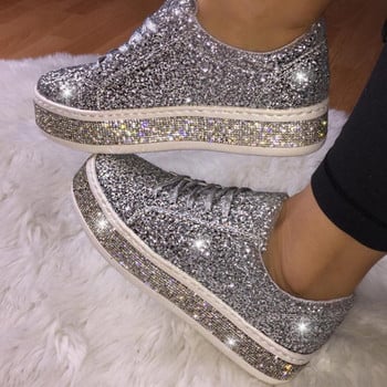 2023 Дамски вулканизирани обувки Маратонки Sliver Bling Shoes Момиче Плоски блестящи маратонки Ежедневни женски дишащи спортни обувки с връзки