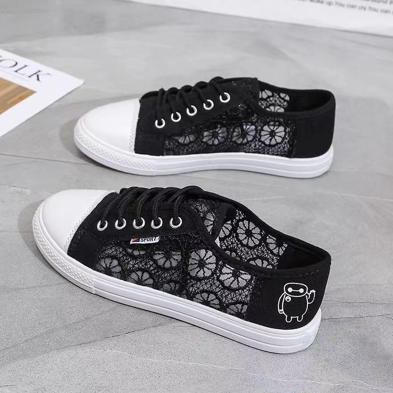 Női vászoncipők kis fehér cipők fűzős, légáteresztő 2023 új nyári diákhálós alkalmi fűzős fekete lapos cipők sportcipők