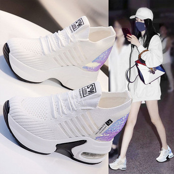 Дамски спортни обувки Летни ежедневни обувки с пайети Дамски обувки на танкетка с дебела подметка 2023 г. Плетени дамски вулканизирани обувки