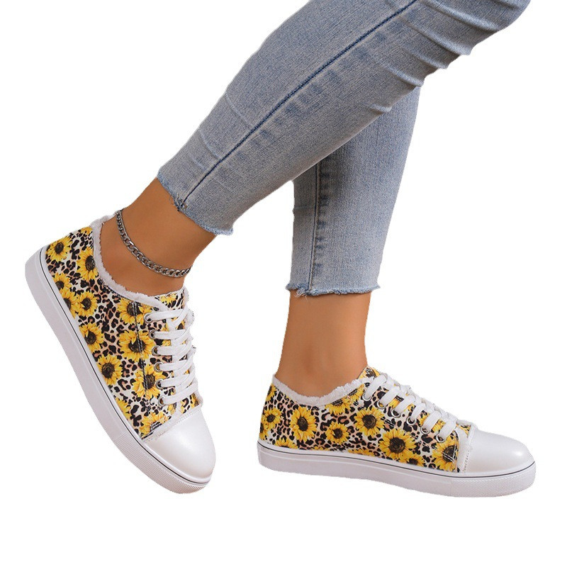 Női napraforgómintás vászoncipő, alkalmi kerek orrú, fűzős, alacsony szárú tornacipő, kényelmes, lapos járócipő