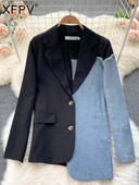 XFPV Γυναικεία Cowboy Splicing Loose μακρυμάνικο σακάκι με μονό στήθος Τάσεις ιδιοσυγκρασίας Sweet Korea Chic Καλοκαίρι 2023 SM3262