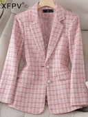 XFPV Γυναικεία casual υψηλής ποιότητας ροζ καρό λεπτή ιδιοσυγκρασία Μονό στήθος Μόδα παλτό blazer Νέος χειμώνας φθινόπωρο 2023 SM7963