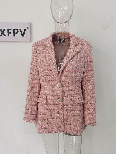 XFPV Γυναικεία casual υψηλής ποιότητας ροζ καρό λεπτή ιδιοσυγκρασία Μονό στήθος Μόδα παλτό blazer Νέος χειμώνας φθινόπωρο 2023 SM7963