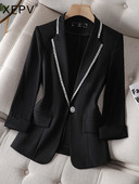 XFPV női, háromnegyedes ujjú, alkalmi gyémánt patchwork temperamentumú, egysoros blézerkabát, 2023. tavaszi ősz SM7962