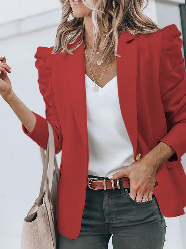 Ženski sako s puf rukavima, ležerni uredski sako s otvorenim prednjim dijelom i dugim rukavima s džepovima, radno odijelo, gornja odjeća, kaput 2023.