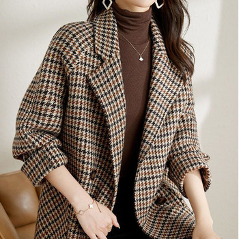 Μάλλινο παλτό Vintage Houndstooth Blazer Γυναικεία μόδα φθινοπώρου Κορεατικό λεπτό καρό κοστούμι Χαλαρό πολυτελές σχέδιο διπλό μπουφάν