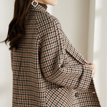 Μάλλινο παλτό Vintage Houndstooth Blazer Γυναικεία μόδα φθινοπώρου Κορεατικό λεπτό καρό κοστούμι Χαλαρό πολυτελές σχέδιο διπλό μπουφάν