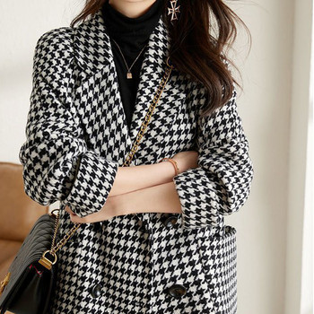 Μάλλινο παλτό Vintage Houndstooth Blazer Γυναικεία μόδα φθινοπώρου Κορεατικό λεπτό καρό κοστούμι Χαλαρό πολυτελές σχέδιο διπλό μπουφάν