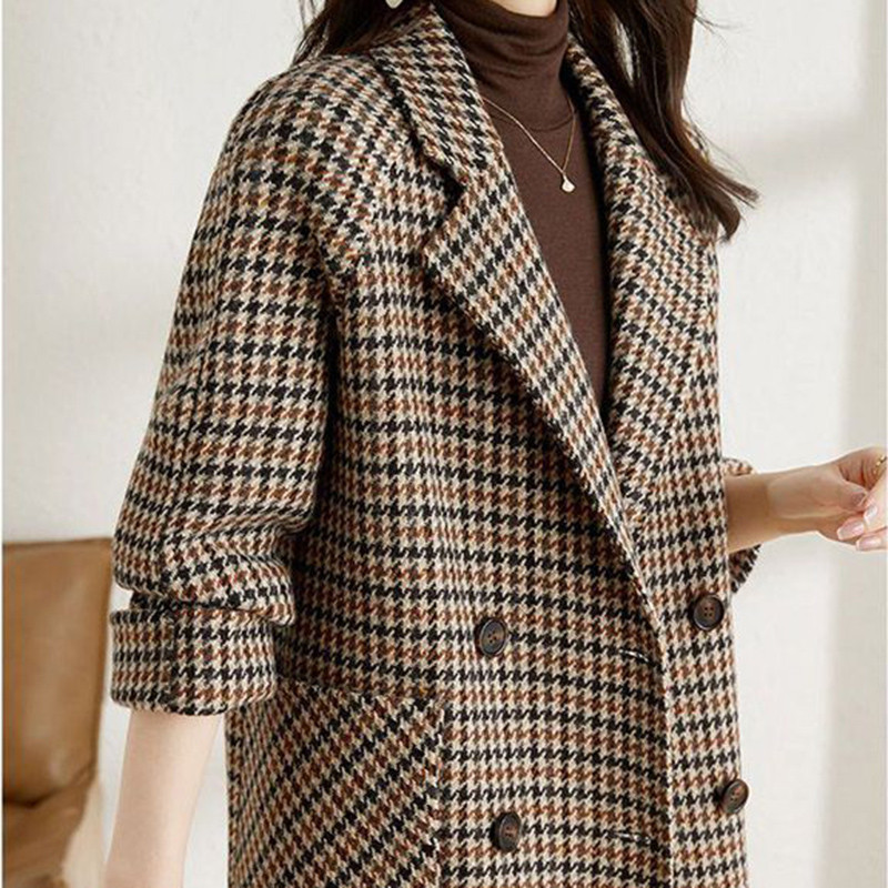 Μάλλινο παλτό Vintage Houndstooth Blazer Γυναικεία μόδα φθινοπώρου Κορεατικό λεπτό καρό κοστούμι Χαλαρό πολυτελές σχέδιο διπλό μπουφάν