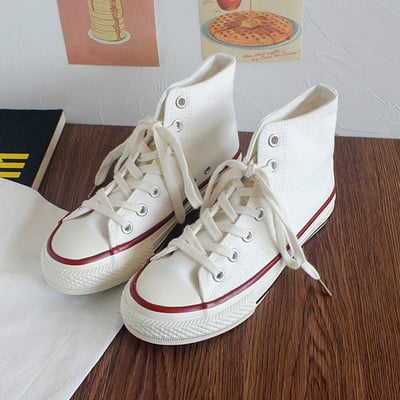 Ženske platnene tenisice s visokim vrhom proljeće 2023. Ženske vulkanizirane ravne tenisice na vezanje Ležerne tenisice Ženske bijele crne