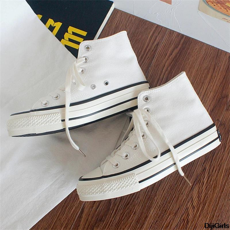 Ženske platnene tenisice s visokim vrhom proljeće 2023. Ženske vulkanizirane ravne tenisice na vezanje Ležerne tenisice Ženske bijele crne