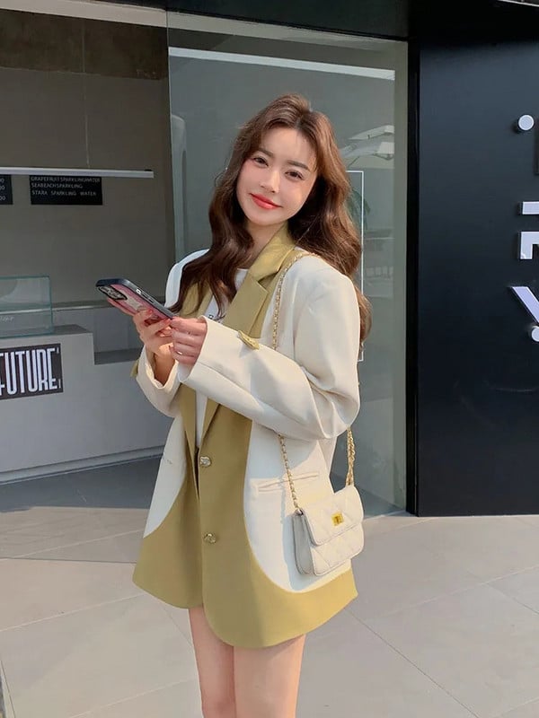 Κοστούμι Γυναικείο 2023 Νέα Ανοιξιάτικη Φθινοπωρινή Κορεατική Έκδοση Προηγμένη σχεδίαση Κοστούμι με αντίθεση χρώματος Splicing Εξωτερικά ρούχα Γυναικεία ζακέτα