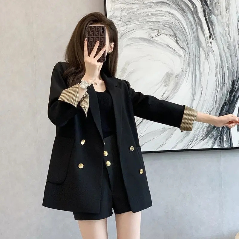 2023 m. pavasario vasara Nauji prancūziški vintažiniai britiško stiliaus laisvi dvieiliai ilgomis rankovėmis švarkelio viršūnė, juodi viršutiniai moteriški drabužiai