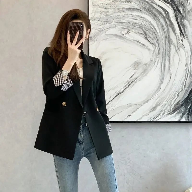 2023 m. pavasario vasara Nauji prancūziški vintažiniai britiško stiliaus laisvi dvieiliai ilgomis rankovėmis švarkelio viršūnė, juodi viršutiniai moteriški drabužiai