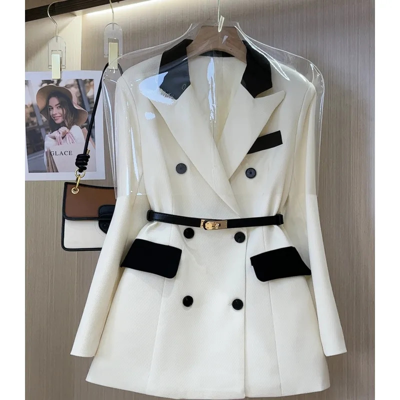 Visokokvalitetni ženski sako Novi jesenski crno-bijeli patchwork odijelo dugih rukava Kaput Ženska uredska radna odjeća Gornje odijelo Ženska gornja odjeća