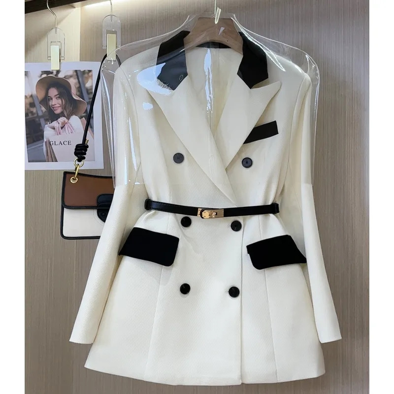 Visokokvalitetni ženski sako Novi jesenski crno-bijeli patchwork odijelo dugih rukava Kaput Ženska uredska radna odjeća Gornje odijelo Ženska gornja odjeća