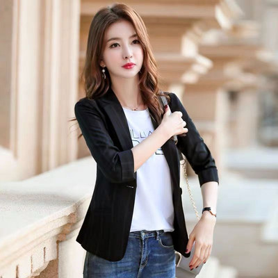 2023 m. Naujas moteriškas švarkas pavasario vasaros mados plonas moteriškas kostiuminis paltas Trijų ketvirčių rankovėmis Laisvalaikio dryžuotas darbinis moteriškas kostiumo viršus