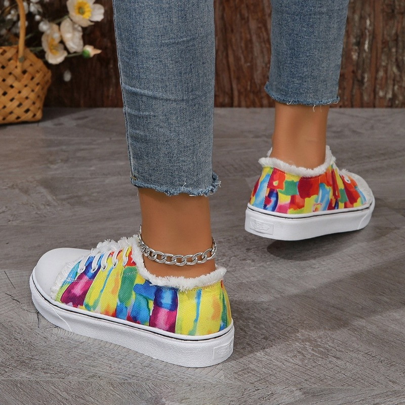 2023 Γυναικεία παπούτσια καμβά φθινοπωρινά καθημερινά γυναικεία ίσια παπούτσια Στρογγυλά παπούτσια με αφηρημένη πολύχρωμη εκτύπωση Ακατέργαστα πάνινα παπούτσια με κορδόνια