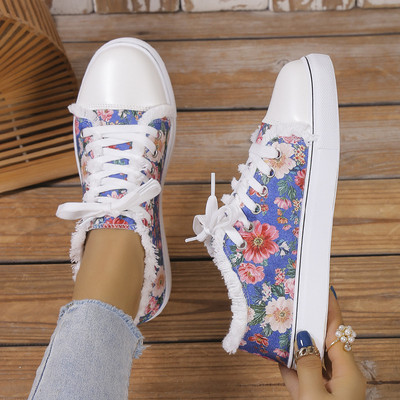 2023 Floral Skull Canvas Παπούτσια Γυναικεία Flat αθλητικά παπούτσια μεγάλου μεγέθους Γυναικεία αθλητικά παπούτσια με κορδόνια Casual Vulcanized παπούτσια Femme Zapatos