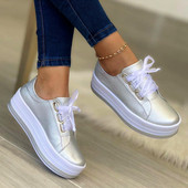 Comemore Lace Up Platform Γυναικεία παπούτσια χρυσά ασημί φλατ Γυναικεία δερμάτινα πάνινα παπούτσια με χοντρό κάτω μέρος Zapatos De Mujer Γυναικεία Plus Size 43