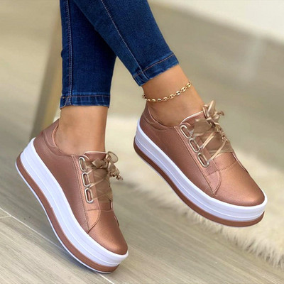 Comemore Lace Up Platform Γυναικεία παπούτσια χρυσά ασημί φλατ Γυναικεία δερμάτινα πάνινα παπούτσια με χοντρό κάτω μέρος Zapatos De Mujer Γυναικεία Plus Size 43