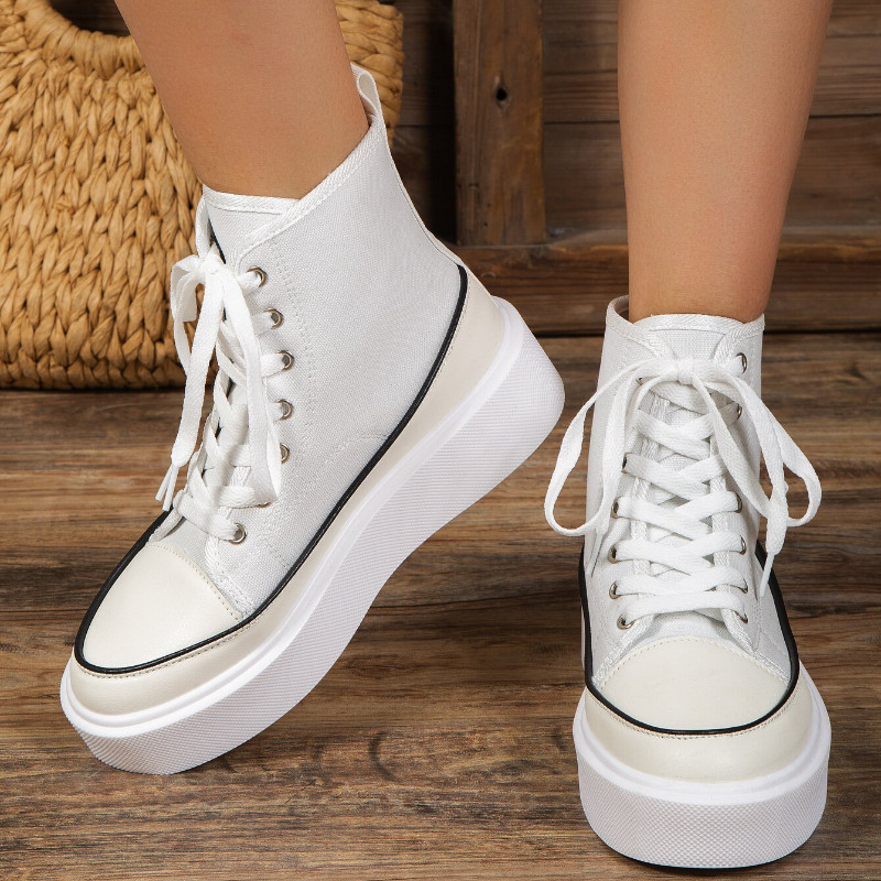 Μεγάλα γυναικεία παπούτσια από καμβά 2023 Νέα ψηλά παπούτσια casual για μικρά μεγέθη Matsutake Χοντρή σόλα Μικρά λευκά παπούτσια Ευέλικτο