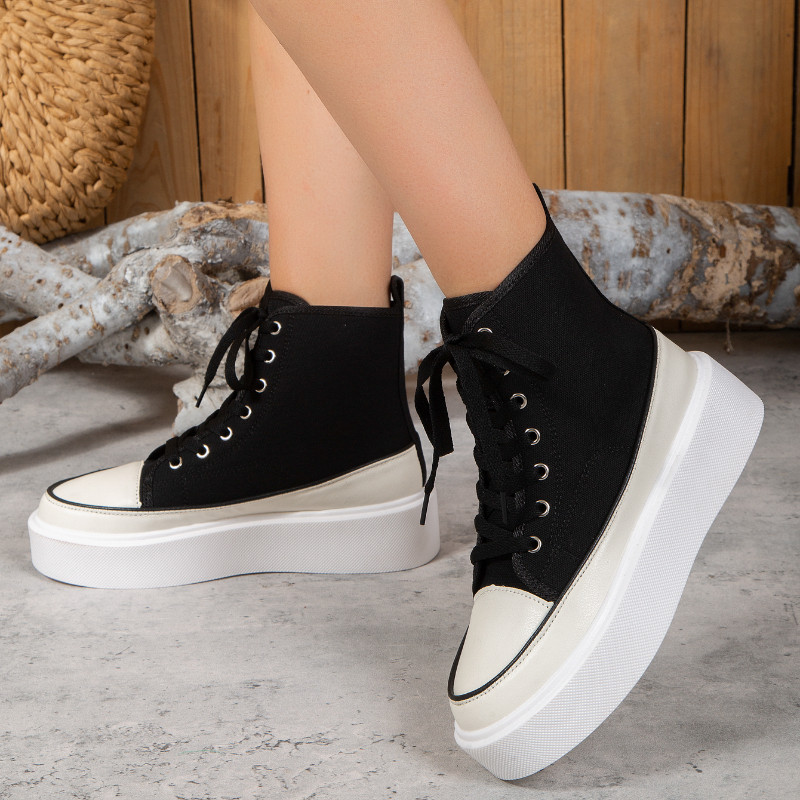 Μεγάλα γυναικεία παπούτσια από καμβά 2023 Νέα ψηλά παπούτσια casual για μικρά μεγέθη Matsutake Χοντρή σόλα Μικρά λευκά παπούτσια Ευέλικτο