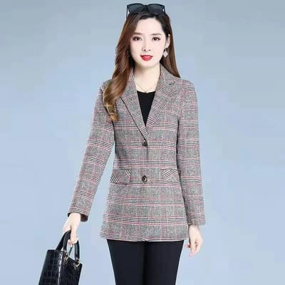 Κορεάτικο μακρυμάνικο Casual Blazer Γυναικεία 2023 Νέα μόδα Επαγγελματικά καρό κοστούμια Γυναικεία εργασία Γραφείο Γυναικεία σακάκια Μπουφάν Παλτό