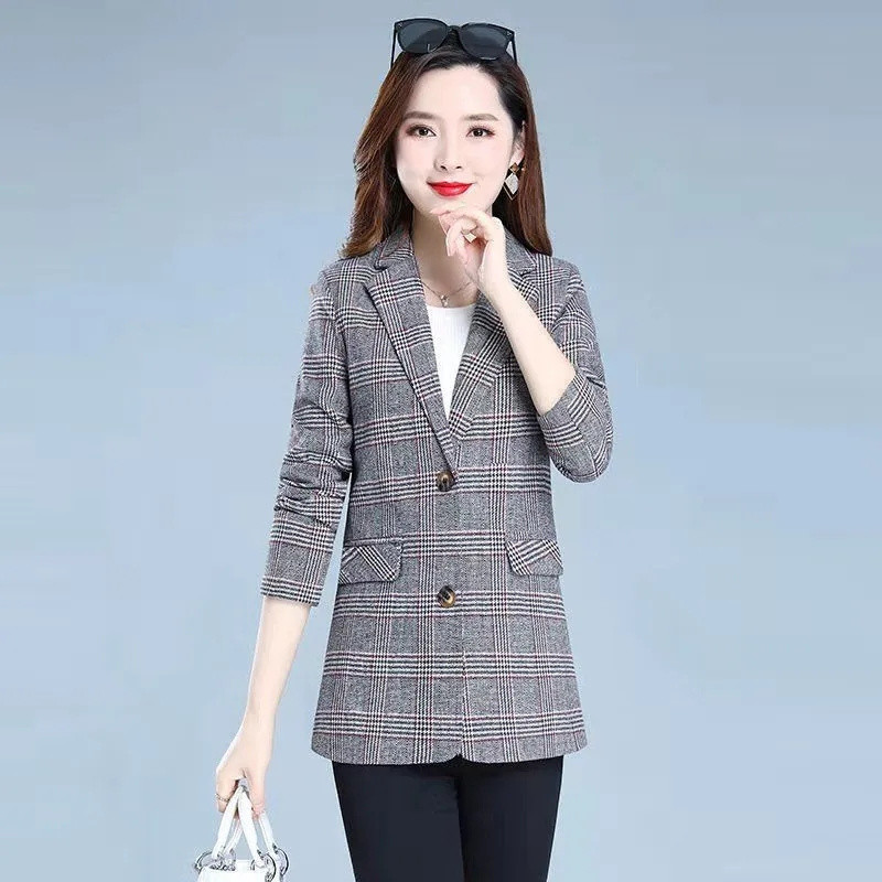 Κορεάτικο μακρυμάνικο Casual Blazer Γυναικεία 2023 Νέα μόδα Επαγγελματικά καρό κοστούμια Γυναικεία εργασία Γραφείο Γυναικεία σακάκια Μπουφάν Παλτό