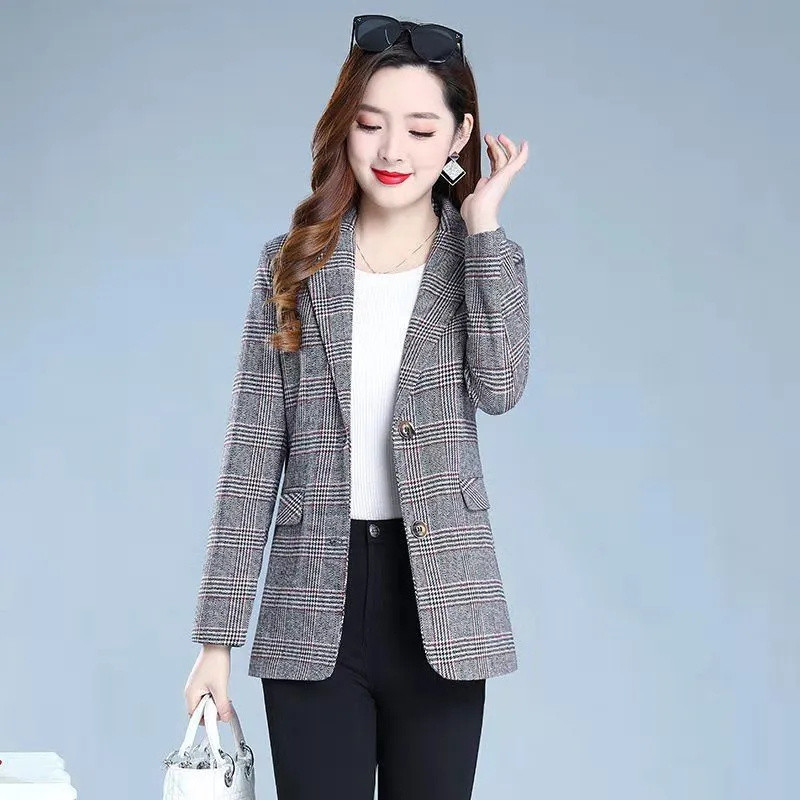 Κορεάτικο μακρυμάνικο Casual Blazer Γυναικεία 2023 Νέα μόδα Επαγγελματικά καρό κοστούμια Γυναικεία εργασία Γραφείο Γυναικεία σακάκια Μπουφάν Παλτό