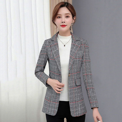 Ανοιξιάτικο φθινόπωρο μόδας κοντό σακάκι γυναικείο κορεάτικο μακρυμάνικο κουμπιά καρό γραφείο casual κοστούμι Γυναικείο επαγγελματικό σακάκι
