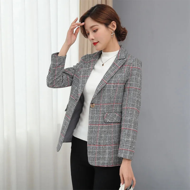 Ανοιξιάτικο φθινόπωρο μόδας κοντό σακάκι γυναικείο κορεάτικο μακρυμάνικο κουμπιά καρό γραφείο casual κοστούμι Γυναικείο επαγγελματικό σακάκι