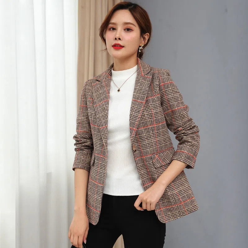 Ανοιξιάτικο φθινόπωρο μόδας κοντό σακάκι γυναικείο κορεάτικο μακρυμάνικο κουμπιά καρό γραφείο casual κοστούμι Γυναικείο επαγγελματικό σακάκι