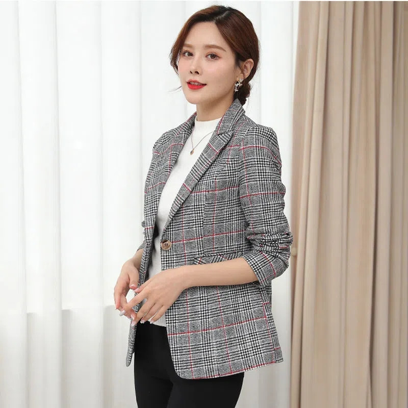Ανοιξιάτικο φθινόπωρο μόδας κοντό σακάκι γυναικείο κορεάτικο μακρυμάνικο κουμπιά καρό γραφείο casual κοστούμι Γυναικείο επαγγελματικό σακάκι