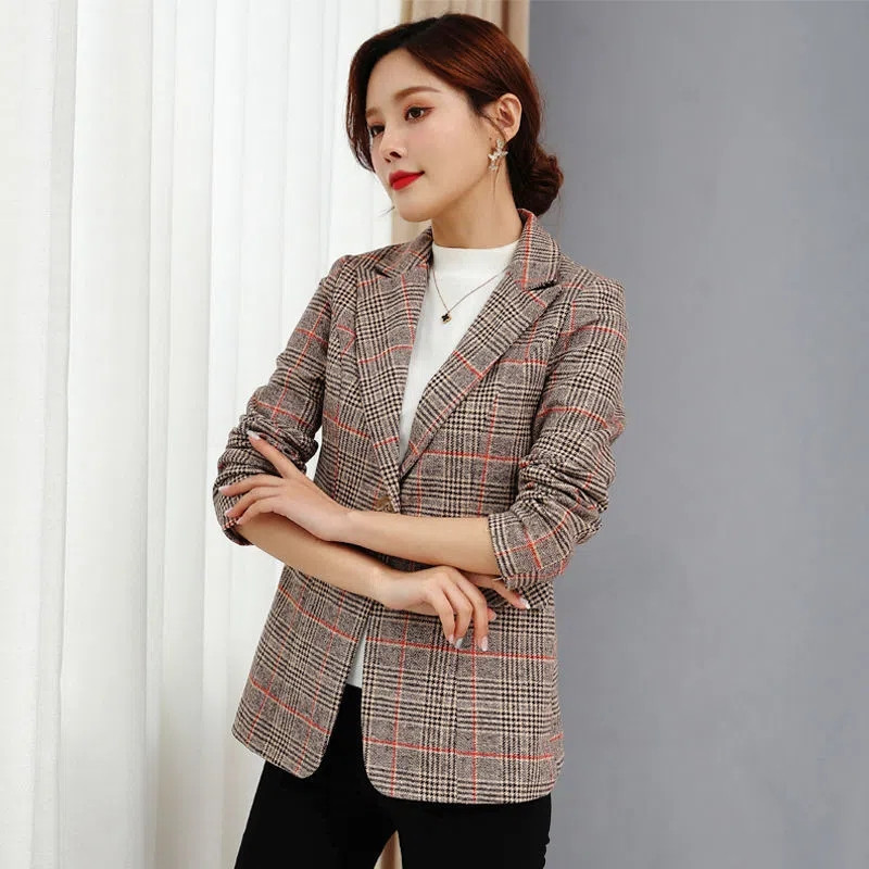 Ανοιξιάτικο φθινόπωρο μόδας κοντό σακάκι γυναικείο κορεάτικο μακρυμάνικο κουμπιά καρό γραφείο casual κοστούμι Γυναικείο επαγγελματικό σακάκι