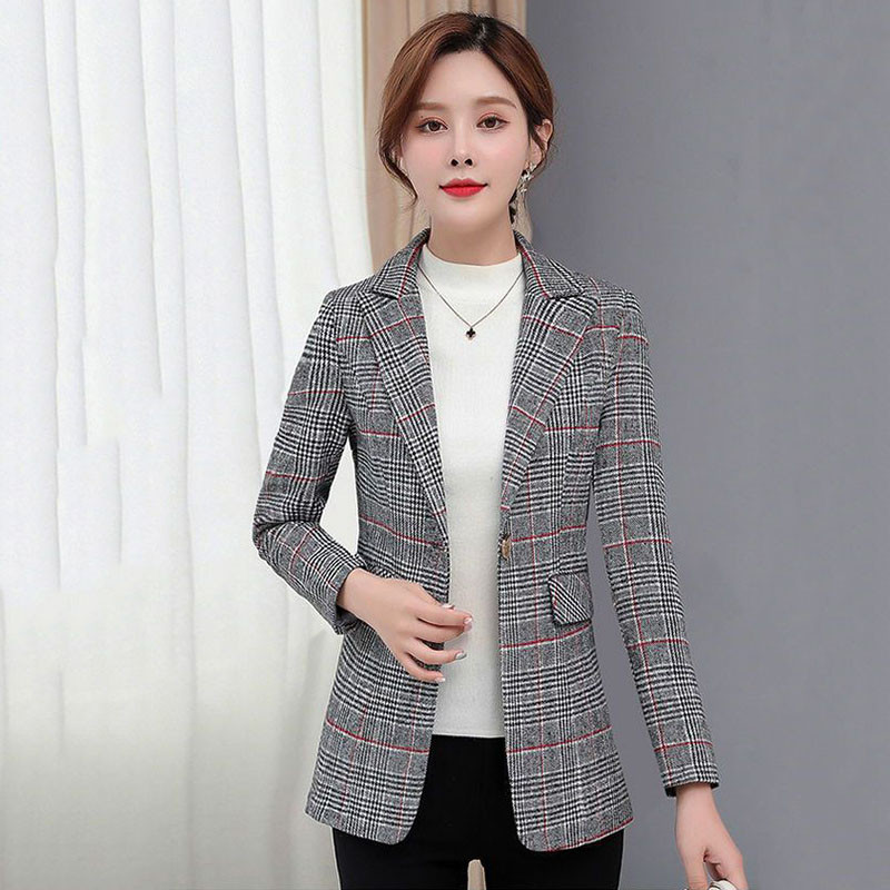 Ανοιξιάτικο φθινόπωρο μόδας κοντό σακάκι γυναικείο κορεάτικο μακρυμάνικο κουμπιά καρό γραφείο casual κοστούμι Γυναικείο επαγγελματικό σακάκι