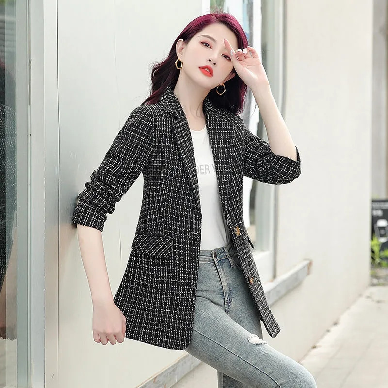 2023 m. Nauji korėjietiško languoto Tvido moteriški švarkai ilgomis rankovėmis Elegantiški darbo biuro moteriški kostiumai Paltai Moteriški laisvalaikio ploni moteriški švarkai
