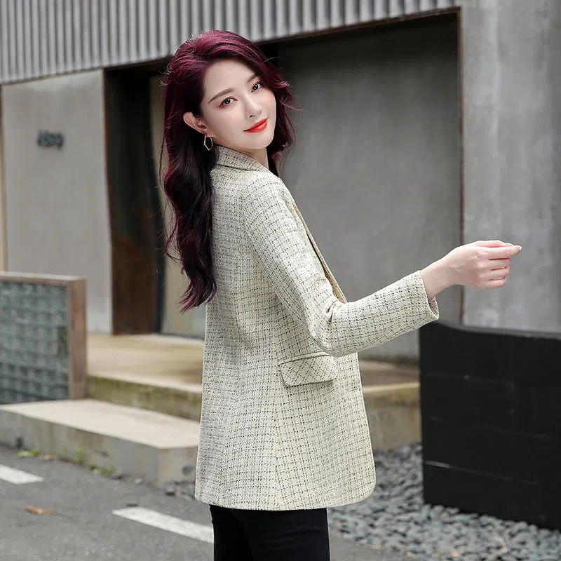 2023 m. Nauji korėjietiško languoto Tvido moteriški švarkai ilgomis rankovėmis Elegantiški darbo biuro moteriški kostiumai Paltai Moteriški laisvalaikio ploni moteriški švarkai