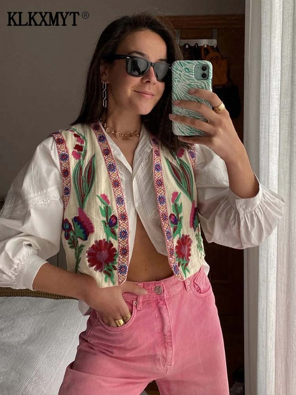 KLKXMYT TRAF Γυναικεία Vintage Floral Κέντημα Κοντό γιλέκο Γυναικεία γιλέκα εθνικού στυλ για γυναίκες Casual μπλουζάκια με παλτό