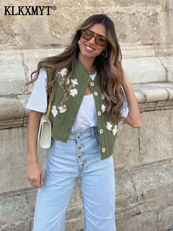 TRAF 2023 Κεντημένα Γιλέκα Γυναικεία Νέα Μόδα Αμάνικα Μπουφάν Γυναικείο Γιλέκο Φαρδιά Καλοκαιρινό Βαμβακερό y2k Μπλούζες Street Waiscoat