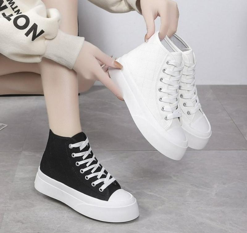 Γυναικεία λευκά ψηλά πάνινα παπούτσια καμβά παπούτσια Αθλητικά επίπεδη πλατφόρμα Λαστιχένια σόλα Casual Korean Vulcanize Spring