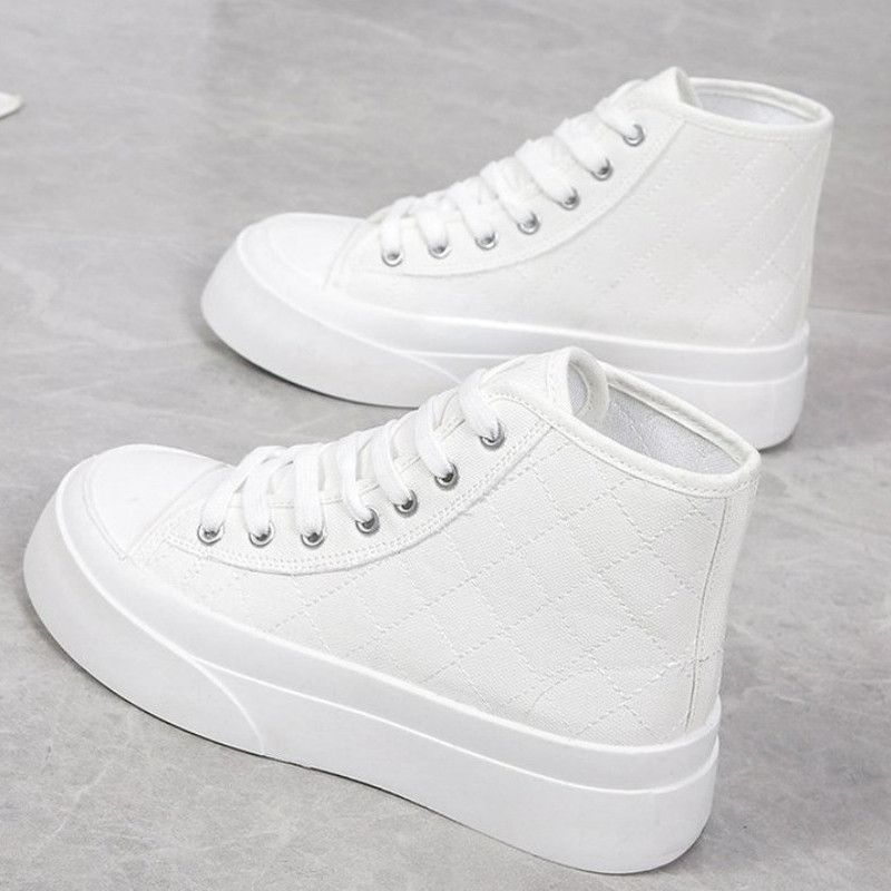 Γυναικεία λευκά ψηλά πάνινα παπούτσια καμβά παπούτσια Αθλητικά επίπεδη πλατφόρμα Λαστιχένια σόλα Casual Korean Vulcanize Spring