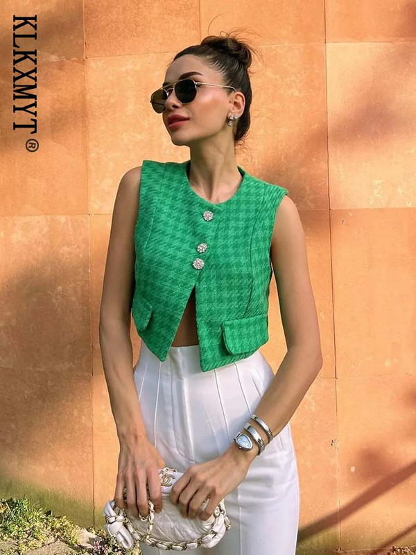 KLKXMYT TRAF Γυναικείο γιλέκο παλτό 2023 Νέα μόδα με διαμάντια κουμπιά Αμάνικα γιλέκα Τσέπες με τσέπες Γυναικείο γιλέκο Κομψές μπλούζες