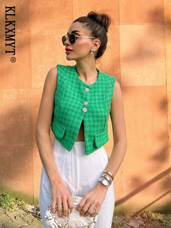 KLKXMYT TRAF Γυναικείο γιλέκο παλτό 2023 Νέα μόδα με διαμάντια κουμπιά Αμάνικα γιλέκα Τσέπες με τσέπες Γυναικείο γιλέκο Κομψές μπλούζες