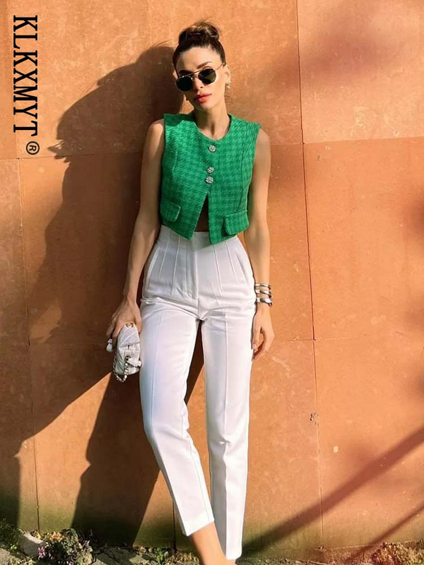 KLKXMYT TRAF Γυναικείο γιλέκο παλτό 2023 Νέα μόδα με διαμάντια κουμπιά Αμάνικα γιλέκα Τσέπες με τσέπες Γυναικείο γιλέκο Κομψές μπλούζες