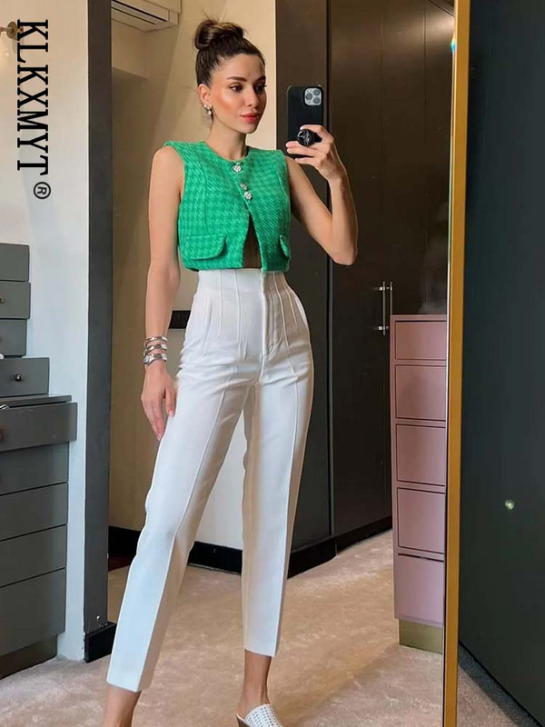 KLKXMYT TRAF Γυναικείο γιλέκο παλτό 2023 Νέα μόδα με διαμάντια κουμπιά Αμάνικα γιλέκα Τσέπες με τσέπες Γυναικείο γιλέκο Κομψές μπλούζες