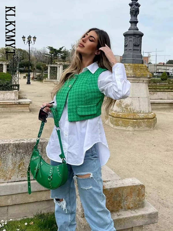 KLKXMYT TRAF Γυναικείο γιλέκο παλτό 2023 Νέα μόδα με διαμάντια κουμπιά Αμάνικα γιλέκα Τσέπες με τσέπες Γυναικείο γιλέκο Κομψές μπλούζες